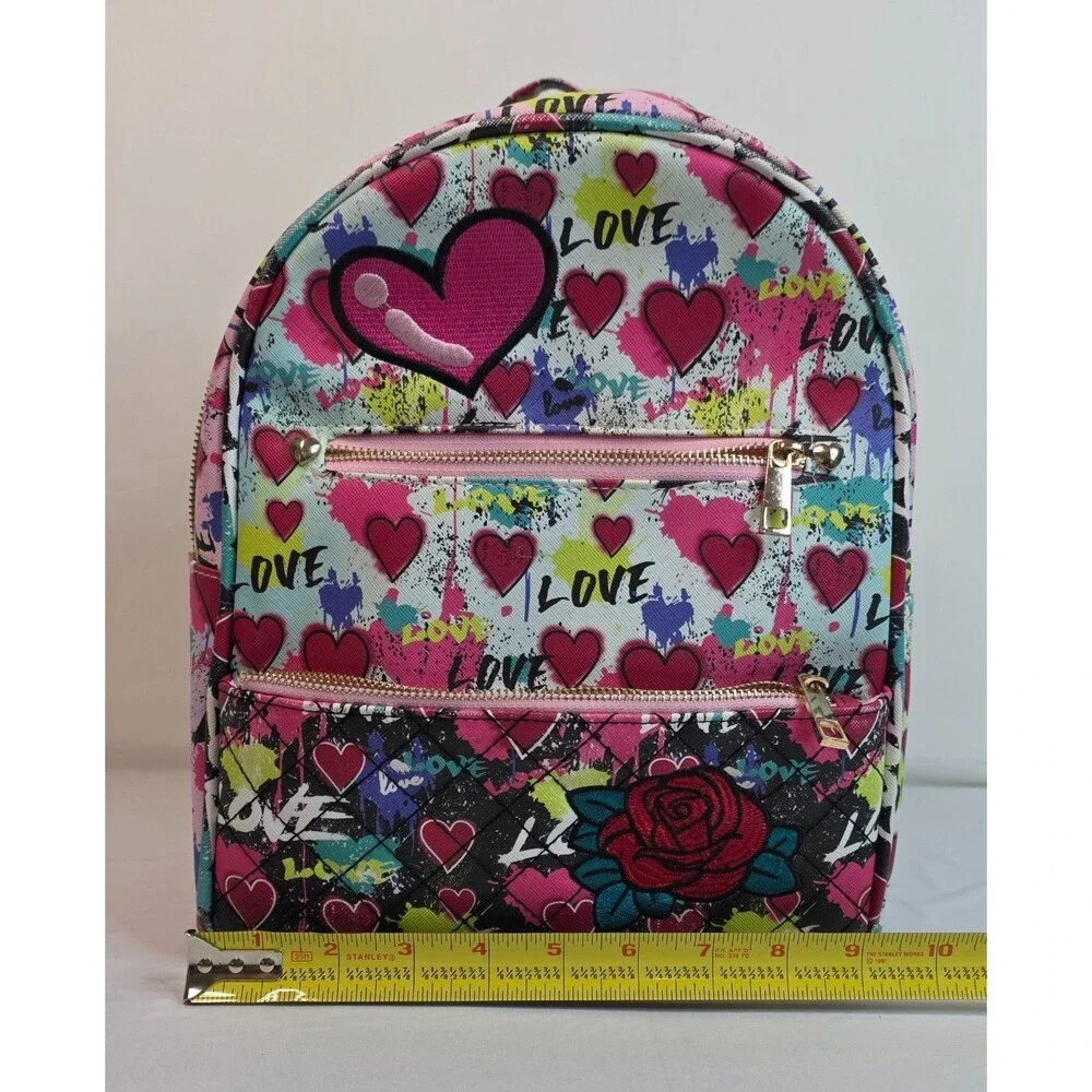 Under One Sky Love Heart Mini Backpack & Matching Zip Pouch Pink Graffiti Bag